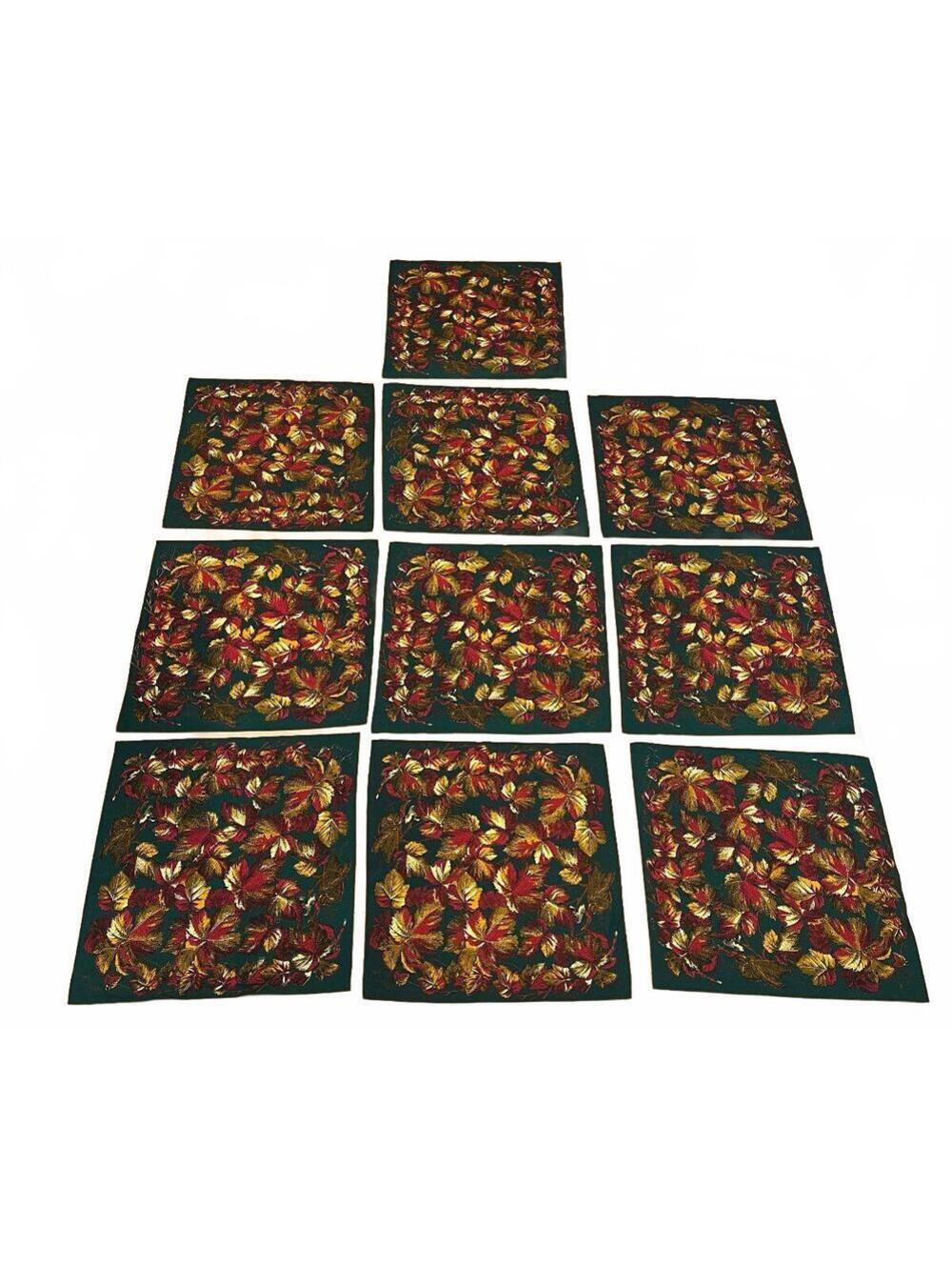 Vintage Set of 10 Cotton Portuguese Napkins W/ Autumn Leaves & Green background